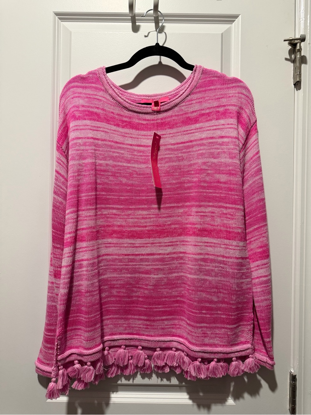 Lilly Pulitzer Jody Relaxed Shoulder Plumeria Pink Tassel Sweater